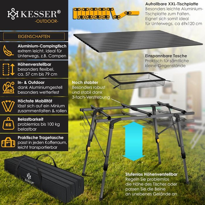Складний кемпінговий стіл KESSER® 120x70 см, алюмінієвий каркас, антрацит. З сумкою для транспортування