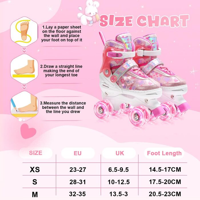 Роликові ковзани для дівчаток Rollkate Kid з блискучими сердечками та світлодіодами, регульовані 4 рази, ідеальні для початківців, подарунок на день народження або Різдво (рожеві)