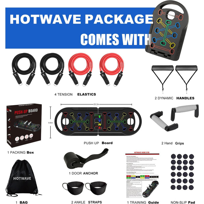 Hotwave дошка для віджимань з еспандерами, тренажер для силових вправ, безпечні ручки, універсальний фітнес для дому, тренування грудей і рук, чоловіки та жінки, чорний набір