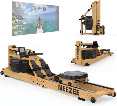 Водний гребний тренажер Neezee для дому, складаний, з масиву дерева, Bluetooth-дисплей, тримач для планшета, навантаження до 200 кг, сумісний з Kinomap