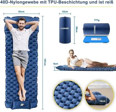 Надувний килимок для кемпінгу STURME з самонадуваванням та помпою, ультралегкий, для відпочинку на природі, 1 особа, блакитний