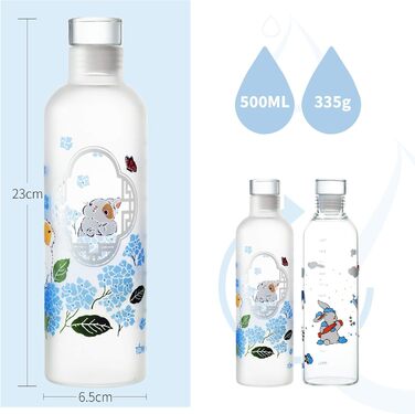 Скляна пляшка для води TDN 500 мл з неопреновим чохлом, без BPA, герметична, для спорту, для дітей, набір 2 шт, дизайн Кролик та Щасливий Кролик, підходить для посудомийної машини