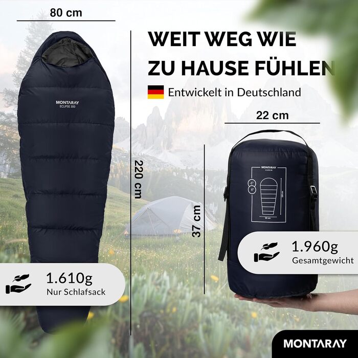 Спальний мішок MONTARAY® Mumienschlafsack для 3-4 сезонів, 8°C до -5°C, з подушкою, 80x220cm, блакитний, для жінок та чоловіків (теплий)