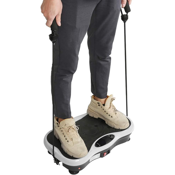 Віброплатформа Willonin для схуднення з LCD-дисплеєм, Bluetooth, USB, 2 еластичні стрічки, пульт дистанційного керування (чорно-біла)