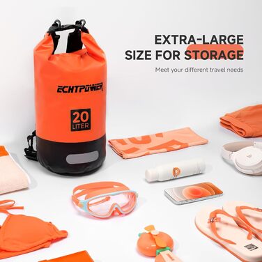 Водонепроникний мішок ECHTPower Dry Bag 5L/10L/20L для плавання, каякінгу, SUP з регульованим ремінцем та світловідбиваючими смугами (зелений, помаранчевий)