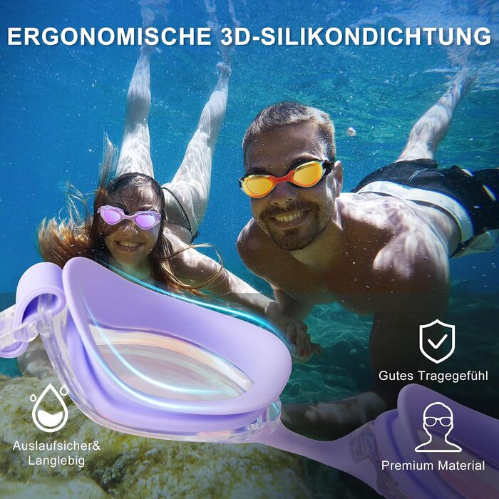 Окуляри для плавання Unisex дорослі Anti-Fog, UV-захист, герметичні, 3D-силікон, фіолетові + комплект аксесуарів (чохол, шапочка, затискач для носа, беруші)