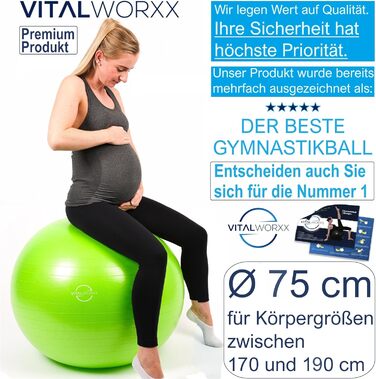 Гімнастичний м'яч VITALWORXX для вагітних 75 см, зелений, надзвичайно міцний, з насосом та вправами для вагітності, пологів і здоров'я, фітнес-йога-пеззібол