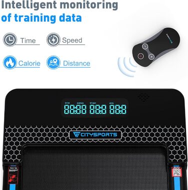 CITYSPORTS Складне електричне бігове полотно WP3 з підлокітниками, Bluetooth та аварійною зупинкою, швидкість до 12 км/год, чорно-синій колір