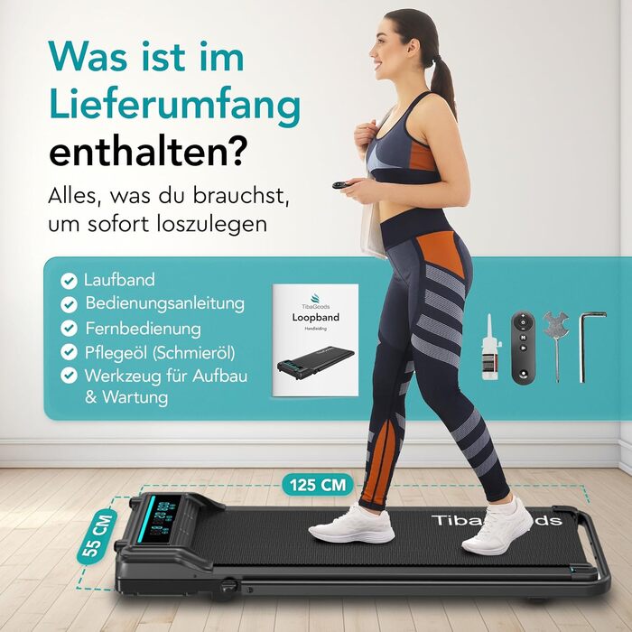 Біговий тренажер TiBa для дому - Walking Pad з нахилом [3 рівня, до 6%] - біговий килимок [макс. 100 кг, макс. 6 км/год] - ідеально підходить для столу, офісу або вітальні [125x55 см]