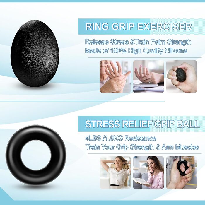 Набір для тренування рук ALMAH (5 шт.): тренажер пальців, підсилення сили хвата, підсилення підлокітників, розтягувач пальців, тренувальний кільце та м'яч для зняття стресу з сумкою. Чорний.