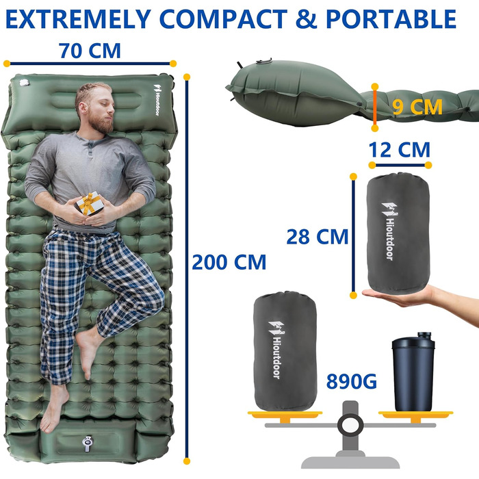 Килимок для кемпінгу Hioutdoor самонадувний 10 см, Ultralight, з помпою/подушкою, для пікніків, походів, пляжу, рюкзака, намету, повітряний матрац, спальний килимок, зелений