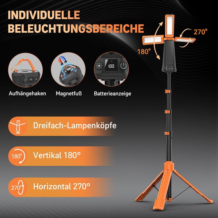 Портативна LED кемпінгова лампа 15000mAh з телескопічним штативом, 5500LM, IP65, вологостійка, для кемпінгу, подорожей, бастіону, намету, з підсвічуванням (Помаранчевий)
