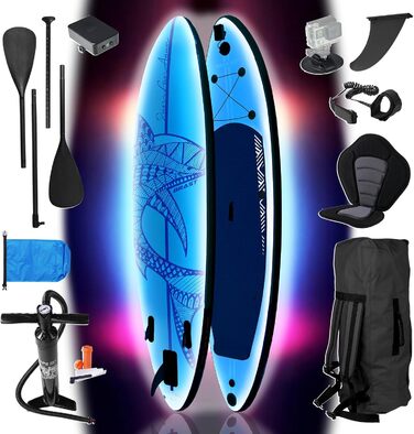 Надувний SUP Board BRAST з LED-підсвіткою | Комплект для станд-ап паддлінгу | 320x81x15см | 4 дизайни | LED-підсвічування (10 кольорів) | 5 років гарантії | 2в1 (каяк, сидіння) | Тримач для Action-Cam | Петля для ноги (Shark Blue)