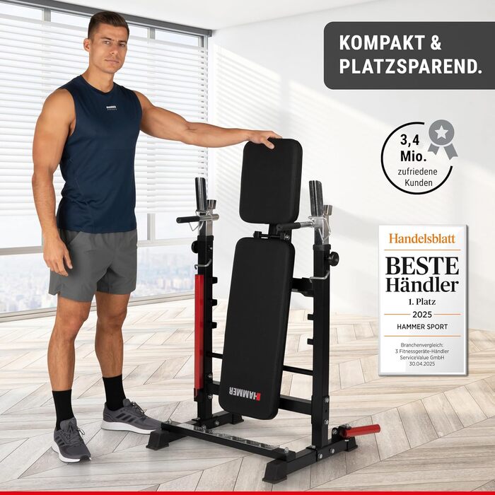 Тренувальна лава Hammer Force 4.0 з раком, складана, з нахилом та плоскою поверхнею, вантажопідйомність 180 кг, ручки для віджимань, стійка для штанги, регульована, для дому, жим лежачи