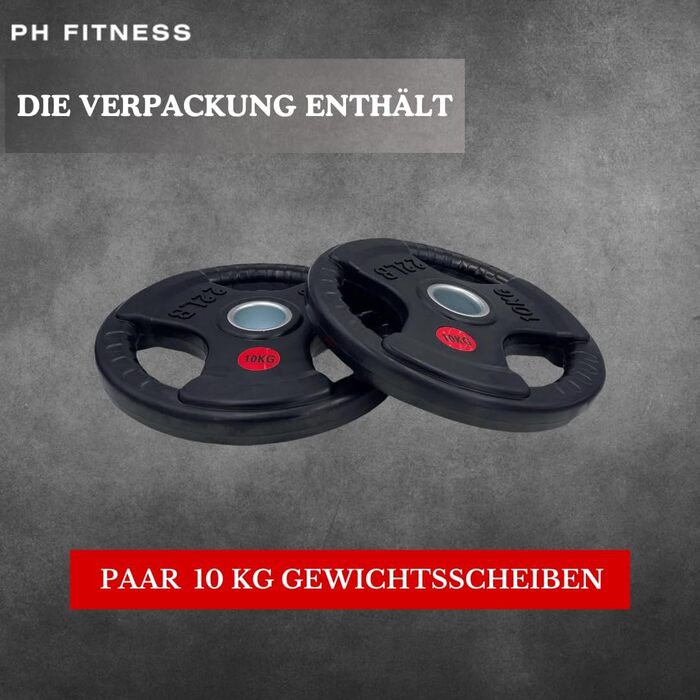 Олімпійські диски для штанги PH Fitness 2×10 кг, чавунні з гумовим покриттям, трихватні, 50 мм – набір для силових тренувань, домашній спортзал