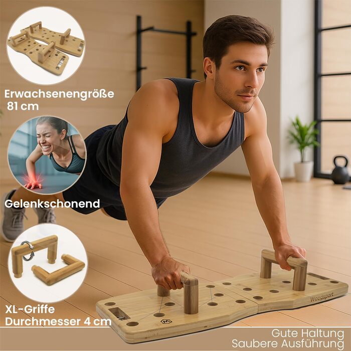 Дошка для віджимань Amplitude Pro з бамбука - преміум якість, 81 см | Складана, стабільна + гумки + інструкція 30 в 1