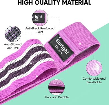 Стрічки опору для фітнесу [3 шт.] для сідниць та стегон, антиковзкі фітнес-стрічки для жінок/чоловіків, силові тренування, йога, пілатес (Чорний, фіолетовий, зелений)