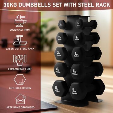 Набір гантелей Kurzhandel-Set 30 кг з підставкою для дому та фітнес-залу | Küstenbrise (повний чорний)