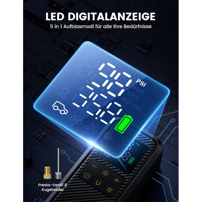 Електричний насос Lamicall для велосипедів, авто, мотоциклів та м'ячів з LED-підсвічуванням - 150 PSI, 5x швидше