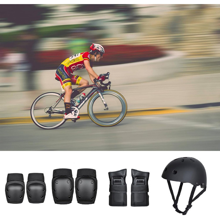 Комплект захисту SANON для дорослих (7 предметів): шолом, наколінники, налокітники, захист зап'ясть для велосипеда, ролика, скейтборду, чорний, розмір M (41-60 кг)