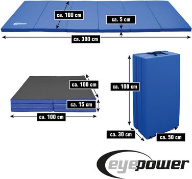 Складаний гімнастичний мат для дому eyepower 300x100 см, товщина 5 см, дитячий спортивний мат, м'який складаний мат для фітнесу, йоги, синьо-чорний