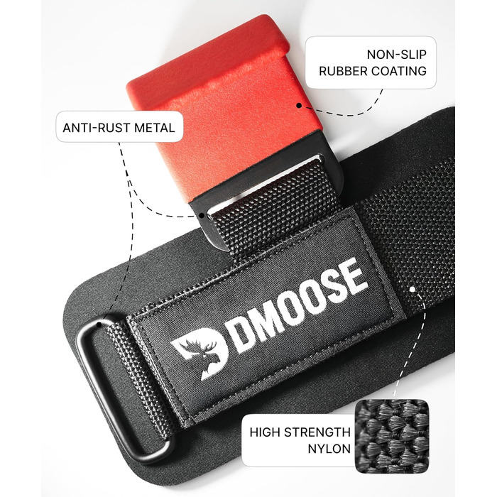 Набори для тяги DMoose Fitness для чоловіків та жінок (пара) - міцний нейлон з ремінцями на зап'ясті 8 мм - допоміжні засоби для тренажерного залу для пауерліфтингу та станової тяги - ручки для силових тренувань, червоні