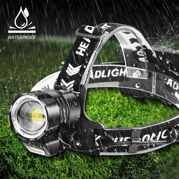 Налобний ліхтар NAKCNM LED 15000 люмен з COB світлом, акумуляторний, з заднім світлом, 4 режими, регульований фокус, водонепроникний, для риболовлі, туризму, бігу, кемпінгу та пригод