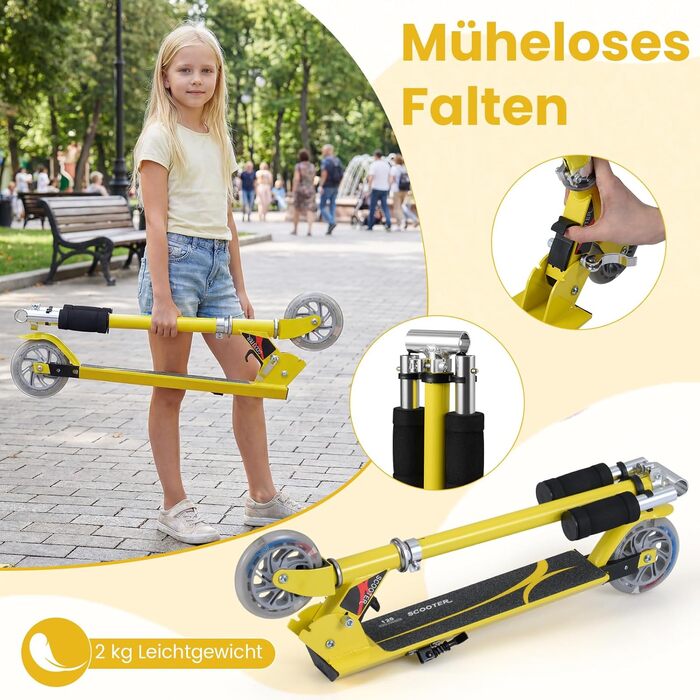 Дитячий роликовий самокат COSTWAY з LED-колесами, регульована висота, для дітей від 4 років, до 70 кг, жовтий