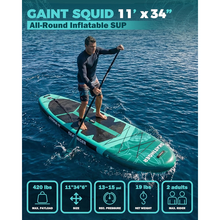 Надувне SUP дошка Skatinger 335 x 86,4 см, 190 кг, для 2 осіб, з веслом та ременем, зелена