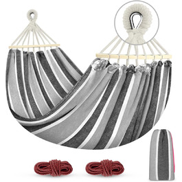 Гамак для відпочинку на відкритому повітрі: кемпінгу, балкону, тераси, саду. З дерев'яною перекладиною та сумкою для перенесення (сірий & білий)