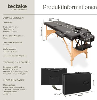 Складний масажний стіл tectake, 2-зонний, переносний, 5 см м'яка підкладка, регульована висота, дерев'яні ніжки, сумка, чорний