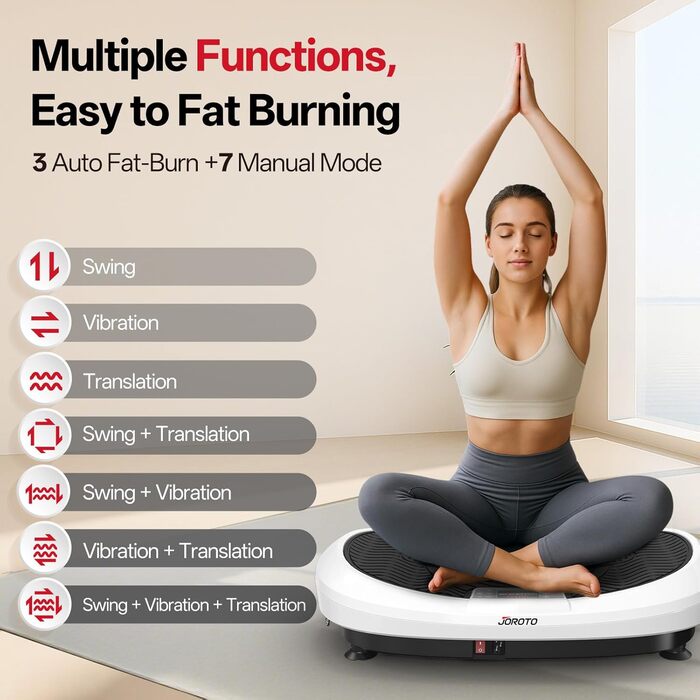 Вібраційна платформа JOROTO 4D для дому: 3 потужні мотори, професійне тренування всього тіла, 10 режимів (3 авто/7 ручні), таймер, до 158 кг, тиха та неслизька