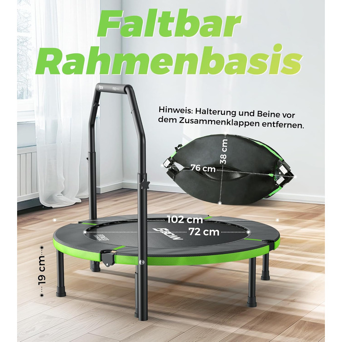 Трамплін для дому BCAN Fitness: діаметр 102/122/130 см, пружинний/з еластичним тросом, для дорослих до 250 кг, з регульованими ручками, тихий та з низькою вібрацією, зелений