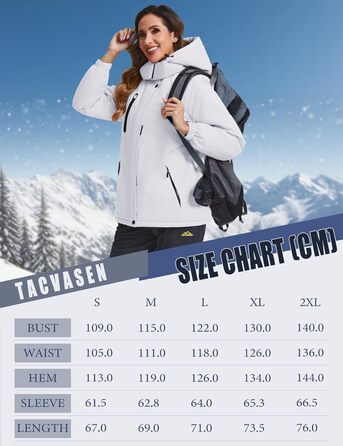 TACVASEN Зимова куртка для жінок, водонепроникна, з флісовою підкладкою, знімний капюшон, для сноуборду та катання на лижах, біла, розмір M