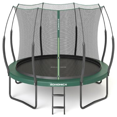 Батут SONGMICS Federloses Outdoor Ø 244/305/366 см, дитячий, для саду, з еластичними тросами, сітка безпеки на блискавці, склопластикові стійки, безпечний, тихий, 305 см, колір: джунглевий зелений