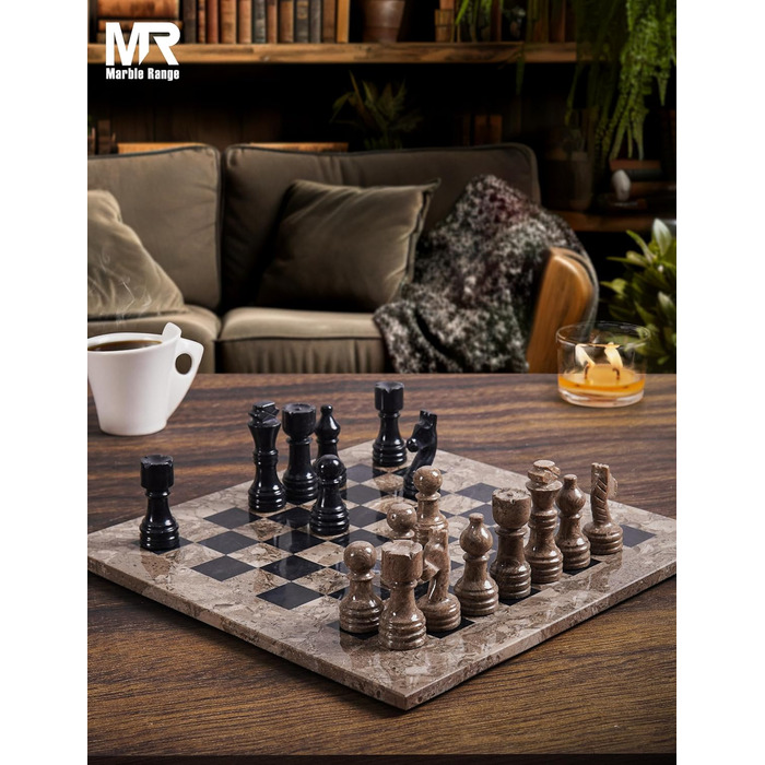 Шаховий набір з мармуру для дорослих, ручної роботи, 32 фігури, 2 додаткові королеви, коробка для зберігання, розкішна подорожна гра, елегантний подарунок для дому (чорний & кораловий) (Океанічний & Чорний)