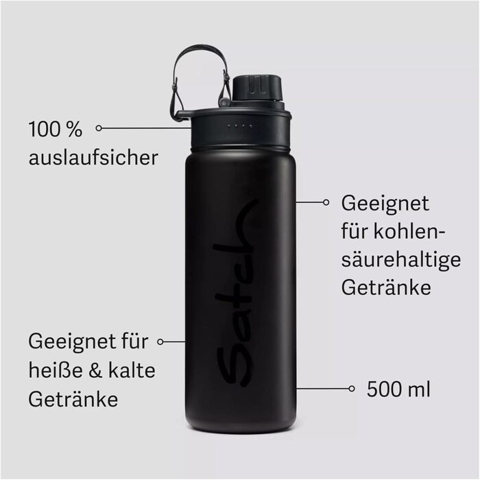 Пляшка для води Satch з нержавіючої сталі, 0,5 л, BPA Free, герметична, для гарячих та холодних напоїв, чорна