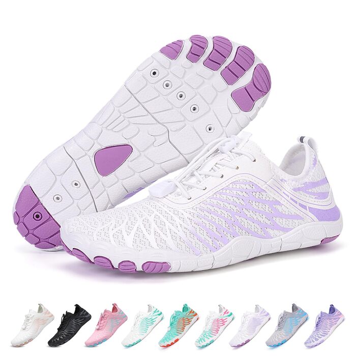 RUYI Взуття для пішоходів без шкарпеток унісекс, швидковисихаюче, для плавання, м'яке, легке, трейлраннінг, фітнес, з неслизькою підошвою та широкою передньою частиною (A09 Білий/Фіолетовий, 41 EU)