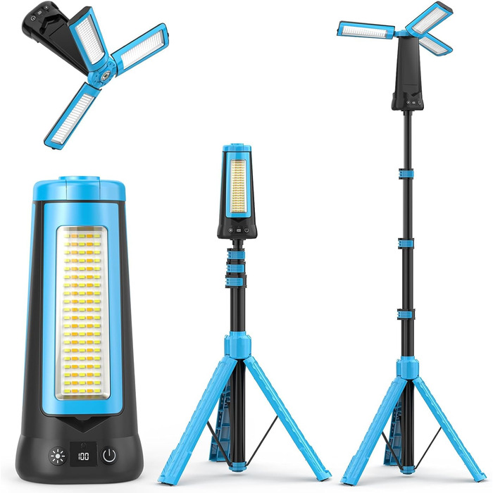 Портативна LED кемпінгова лампа 15000mAh з регулюванням яскравості, штативом, IP65, для кемпінгу, подорожей, будівництва та надзвичайних ситуацій, блакитна