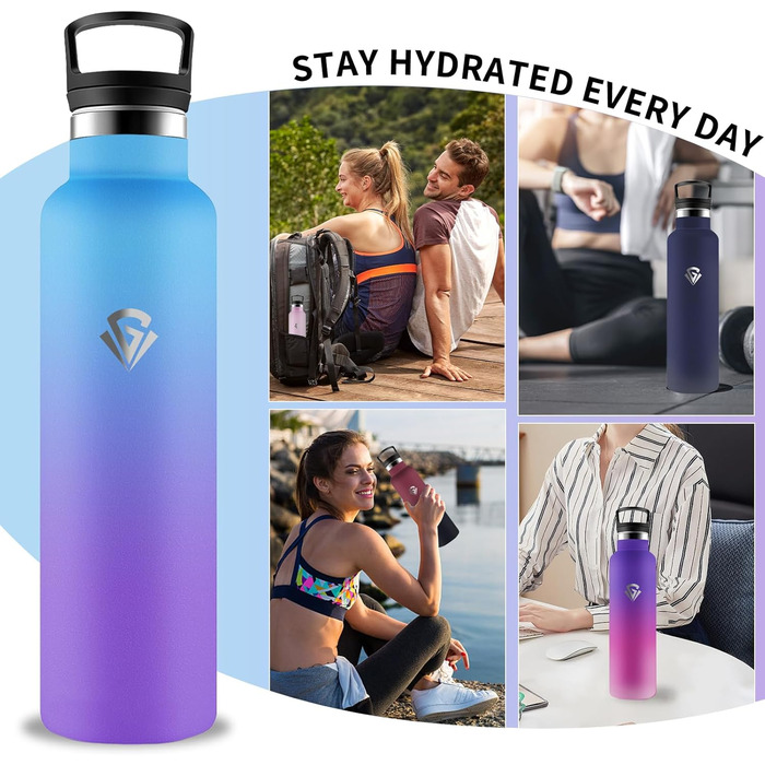 Термос-пляшка Grsta, 1 літр, нержавіюча сталь, з трубочкою, без BPA, не протікає, для холодних та гарячих напоїв, підходить для газованих напоїв, для фітнесу, кемпінгу, походів, блакитно-фіолетовий, 1000 мл