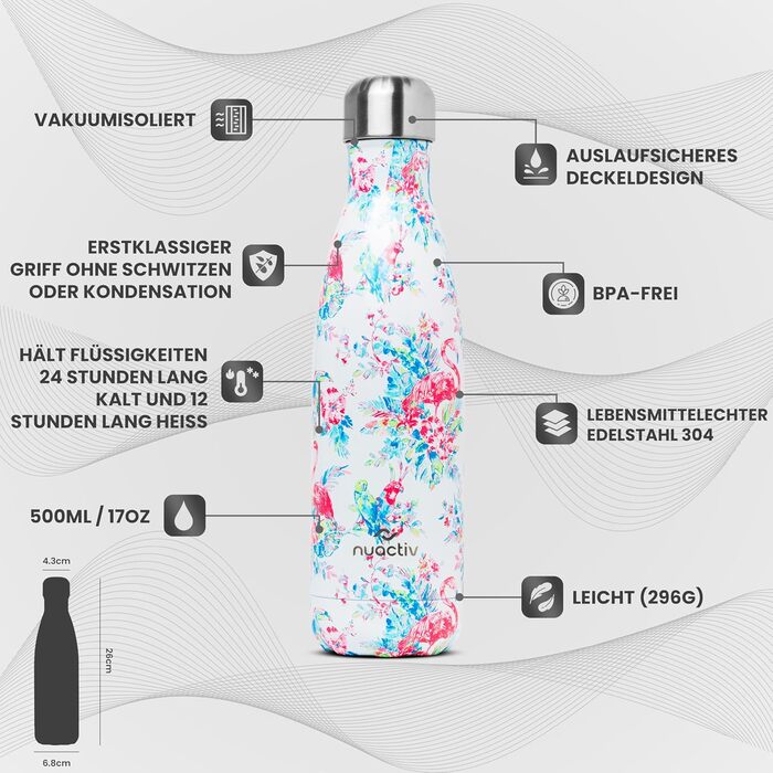 Фляга з нержавіючої сталі 500 мл – Легка ізольована фляга. Зберігає холод до 24 годин та тепло до 12 годин. Без витоку, з подвійними стінками, BPA-Free та міцна. Ідеально підходить для подорожей, активного відпочинку, школи, спорту, фітнесу та повсякденно