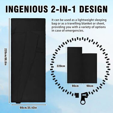 Спальний мішок туристичний бавовна, ультралегкий, для кемпінгу та піших прогулянок, з двостороннім замком, чорний