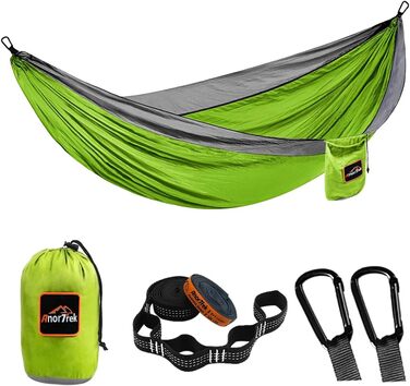 Гамак Anortrek Outdoor для 2 осіб, 300x200 см, до 249 кг, Ultraleicht, з ременями для дерев, дихаючий нейлон, для кемпінгу, подорожей, пікніків, садівництва, зелено-сірий