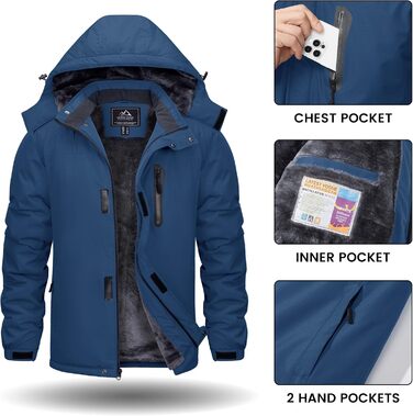 TACVASEN Куртка зимова чоловіча водонепроникна тепла флісова підкладка софтшелл дихаюча функціональна куртка з відстібаною капюшоном XL темно-синій
