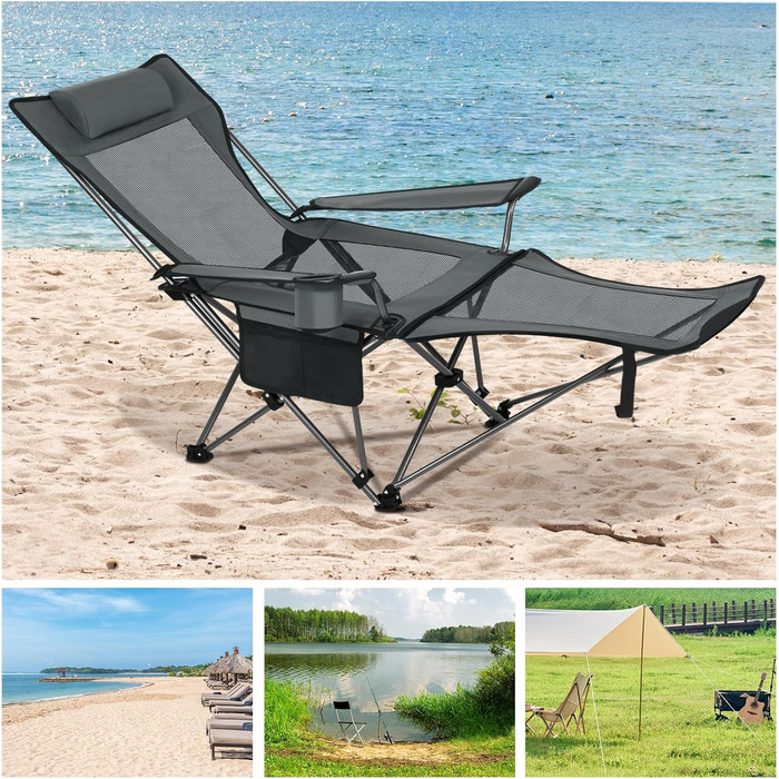 Складний стілець для кемпінгу eSituro: рибальський, пляжний з підставкою для ніг та тримачем для напоїв, сірий