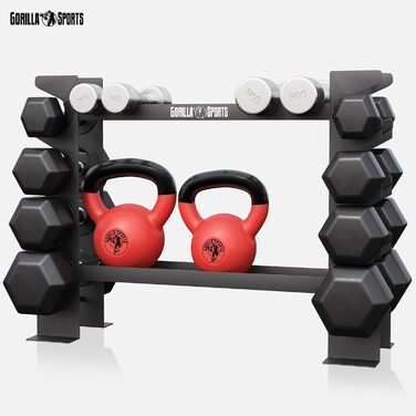 GORILLA SPORTS Стійка для гантелей на 8 місць, 2 рівня, до 300 кг, сталева, чорна, для зберігання гантелей