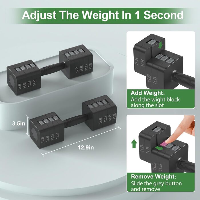 Набір гантелей Hezeyferg 10.0 кг, регульовані, 5 рівнів ваги (1.4-5.0 кг), для дому, для жінок та чоловіків