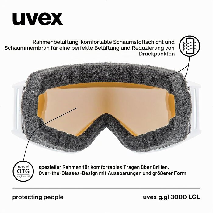 Гірськолижна маска Uvex g.gl 3000 LGL унісекс, біла матова з лінзою LaserGold Lite-Blue, посилення контрасту та захист від запотівання