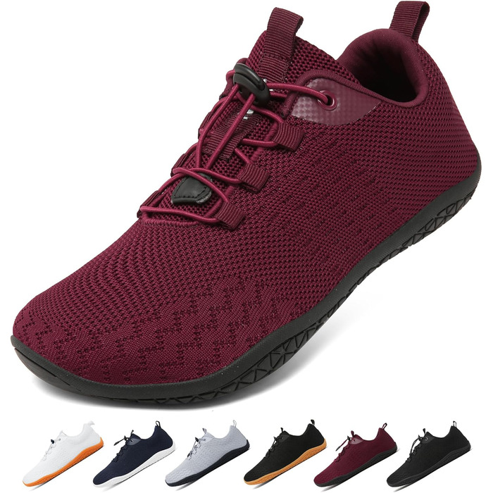 Geweo Взуття для пішохідної ходьби (Barfuss Schuhe) для жінок та чоловіків. Зручні кросівки з широкою передньою частиною, легкі спортивні тапочки для фітнесу, джогінгу, трейлу, хандрі. Zero-Drop підошва, унісекс, розміри 37-47 EU, винно-червоний колір.