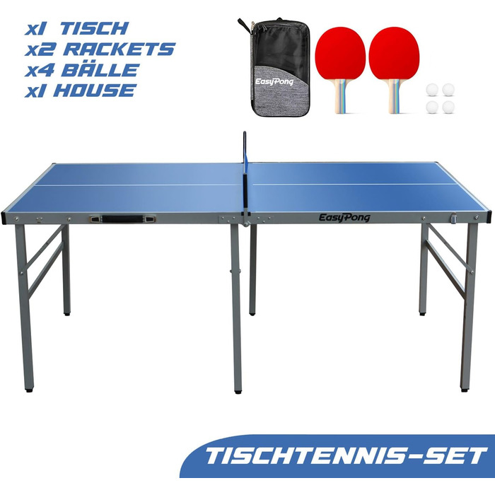 Стол для пінг-понгу EasyPong | 182x91 см | Преміум якість | Зручний для транспортування | Стабільний | Для гри в приміщенні та на вулиці | Комплект: 2 ракетки + 4 м'ячі | Оригінальний Easy Pong | Синій